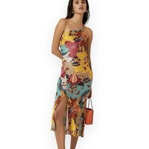 Anthro Bl-nk London Slip dress Size 6 One-Shoulder Satin Floral Yellow date nite